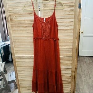 Rust Red Lace-Front Spaghetti-Strap Midi Dress
